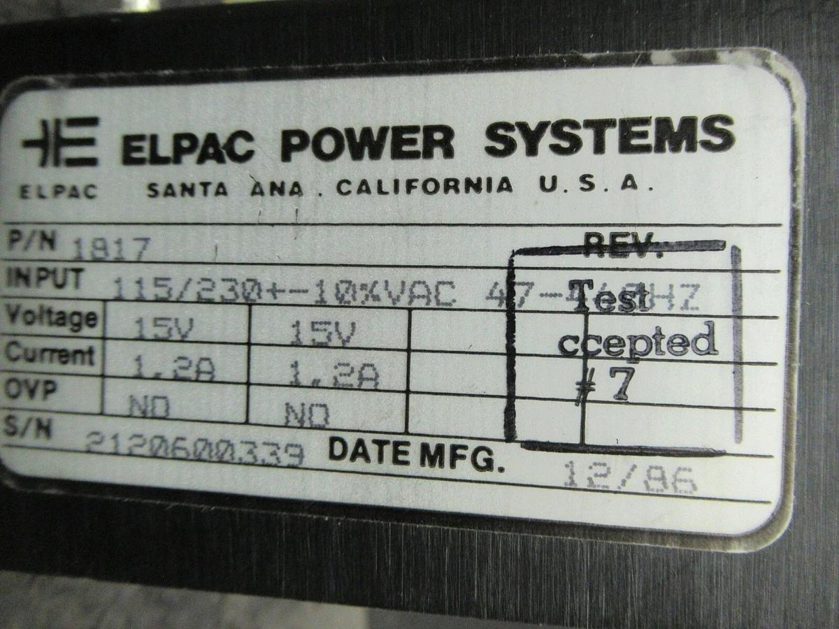Used ELPAC POWER SYSTEMS POWER SUPPLY P/N 1817 115/230 VAC INPUT 15 VDC @ 1.2 AMP