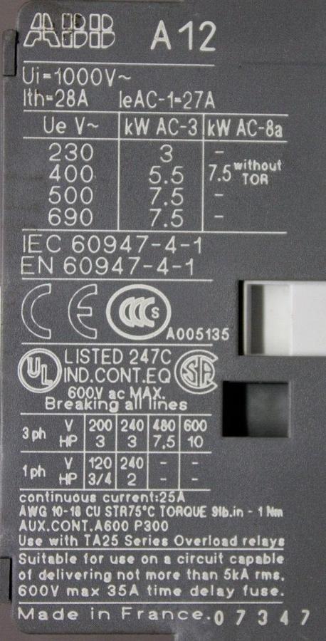Used ABB CONTACTOR A12-30-10 25-28 AMP 600 VAC 10 HP 7.5 kW 3-POLE 3-PHASE COIL: 120V