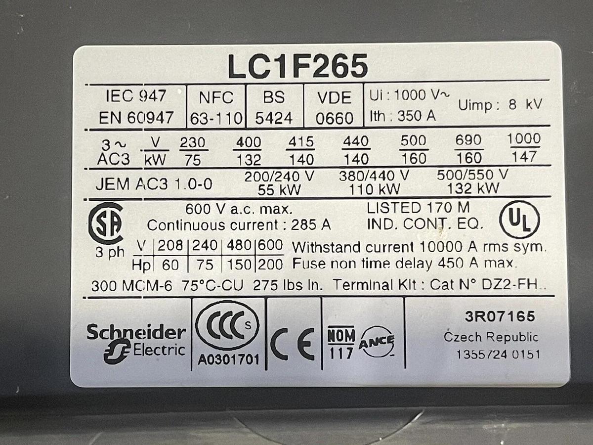 Used TELEMECANIQUE CONTACTOR LC1F265 285/350 AMP 600 VAC 3-POLE 200 HP