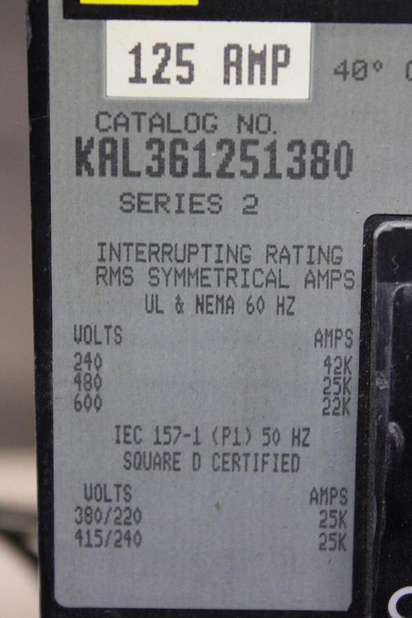 Used SQUARE D CIRCUIT BREAKER KAL361251380 125 AMP 600V 3-POLE W/ AUXILIARY & SHUNT