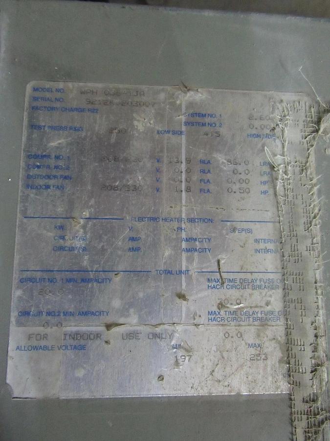 Used 3 TON MARS INDOOR TEMPORARY WATER-TO-AIR PACKAGED HEAT PUMP 1060 CFM WPH 036-1JA