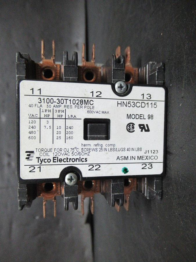 Used TYCO CONTACTOR 3100-30T1028MC HN53CD115 600 VAC 40 AMP 25 HP COIL: 120 VOLT