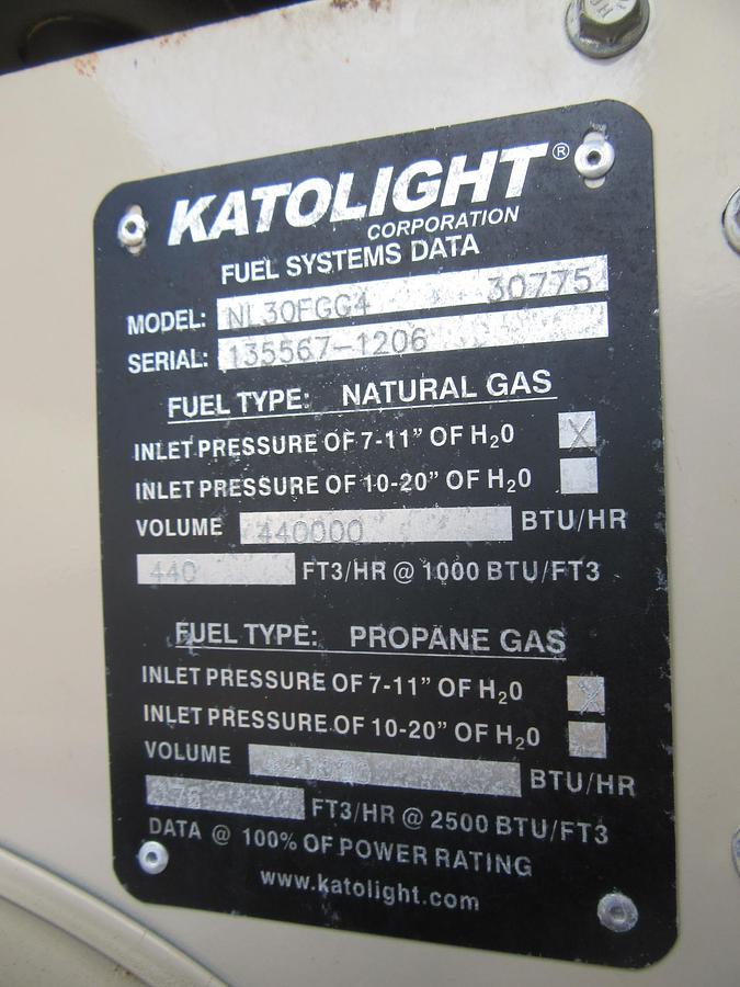 Used 30 KW NATURAL GAS PROPANE GENERATOR KATOLIGHT 120/240V RE-CONNECTABLE 667 HRS VIDEO WE SHIP