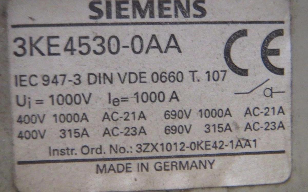 Used SIEMENS FRONT ROTARY OPERATOR SWITCH 1000 AMP 690V  MODEL: 3KE4530-0AA