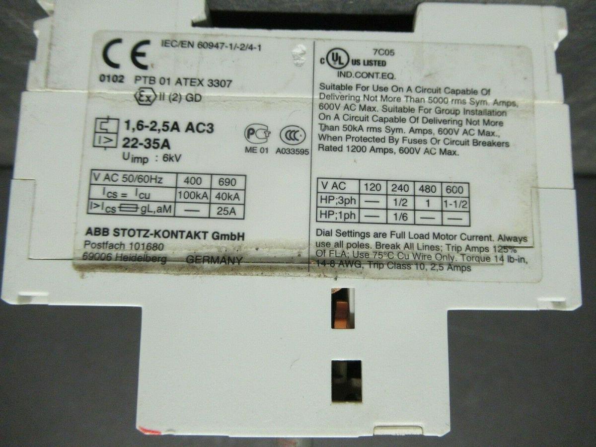 Used ABB MANUAL MOTOR START MS325 1.6-2.5 AMP 600 VAC W/ AUXILIARY CONTACTS