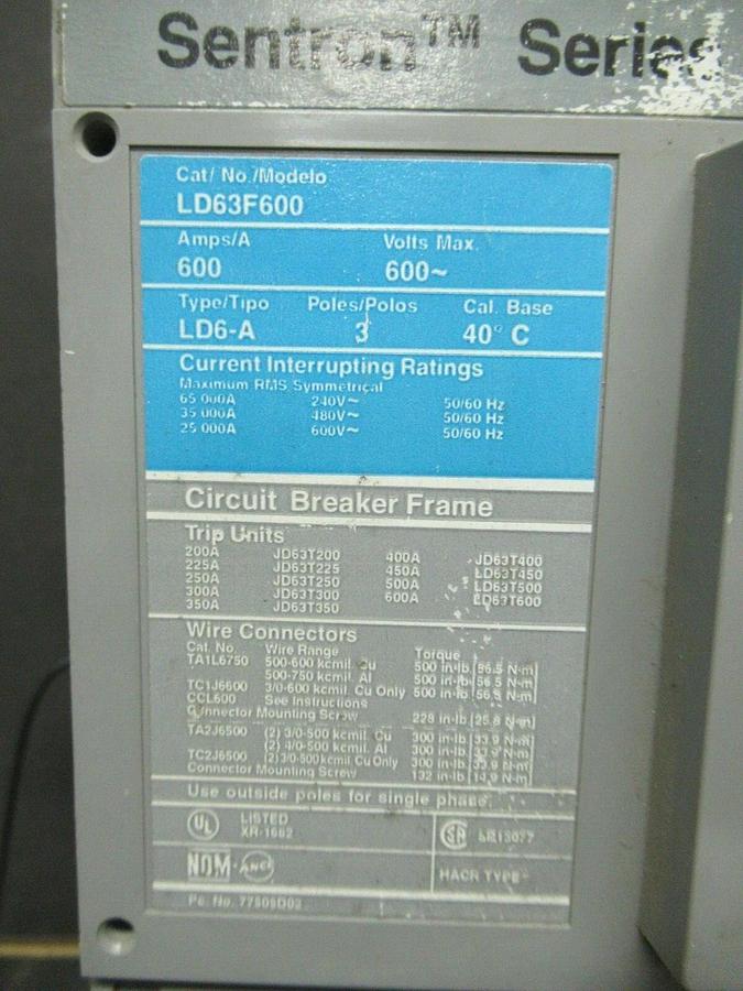 Used SIEMENS SENTRON CIRCUIT BREAKER LD63F600 600 AMP 600 VAC 3-POLE *WARRANTY*