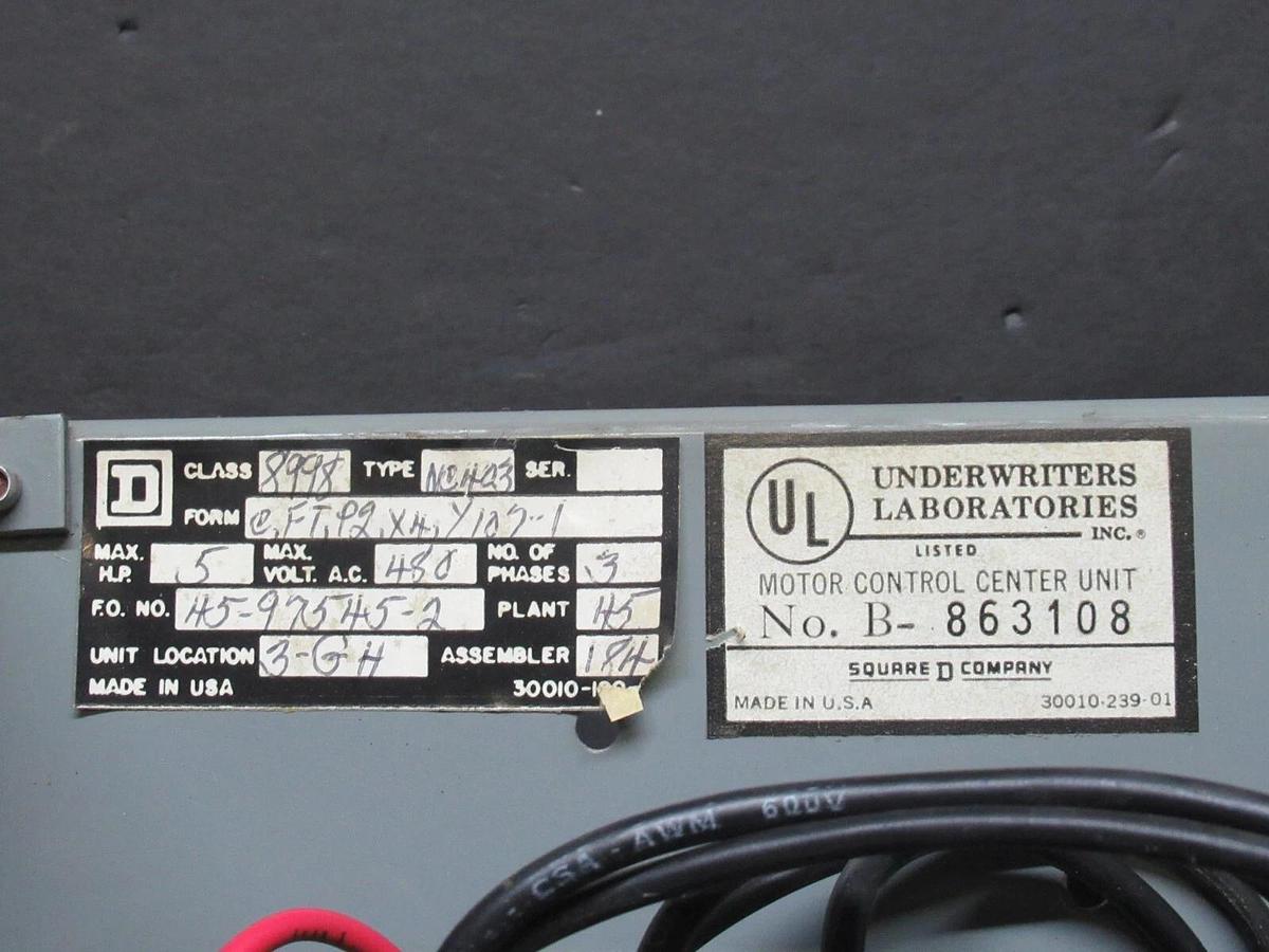 Used SQUARE D MCC MOTOR CONTROL STARTER 12" MODEL 4 W/ 8536SCO3 STARTER NEMA 1 10 HP