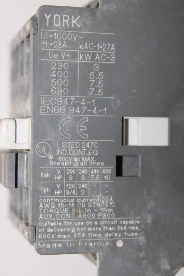 Used YORK CONTACTOR 024-25521-000 25 AMP 600 VAC 10 HP COIL: 110 VOLT **WARRANTY**