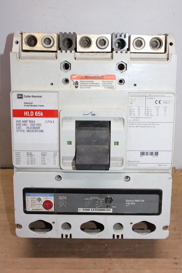 Used CUTLER HAMMER CIRCUIT BREAKER HLD3600F 600 AMP FRAME 120 AMP TRIP 600 VAC 3-POLE