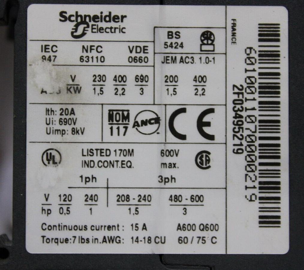 Used TELEMECANIQUE CONTACTOR LC1K0601F7 15 AMP 600 VAC 3 HP COIL: 110V *WARRANTY*