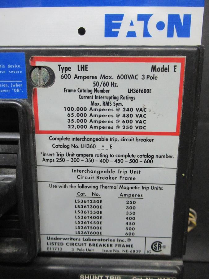 Used 600 AMP EATON CIRCUIT BREAKER LH36F600E 600 VAC 3-POLE 50/60 HZ **WARRANTY**