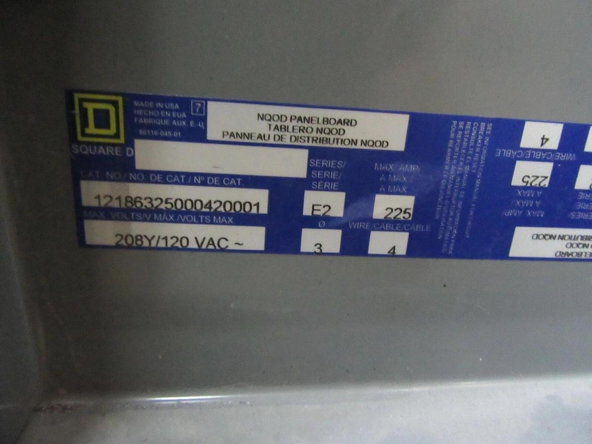 Used 225 AMP SQUARE D NQOD / QOB / QO PANELBOARD MLO PANEL 208Y/120 VAC 3 PH 4 W E2