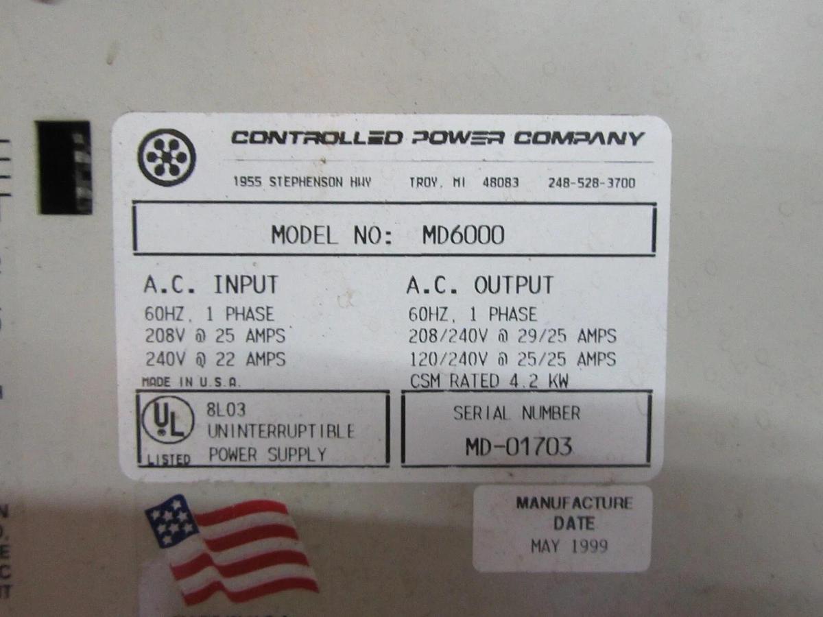 Used CONTROLLED POWER COMPANY UPS SYSTEM MD6000 1 PH 240 / 208 VAC 22 / 25 AMPS