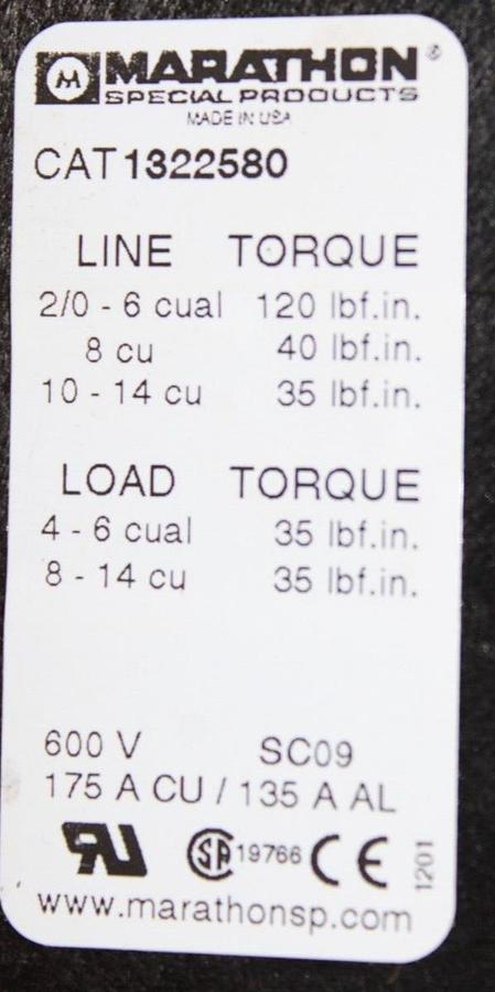 Used LOT OF 2 MARATHON POWER DISTRIBUTION LUG TERMIAL 1322580 600 VAC 175 AMP