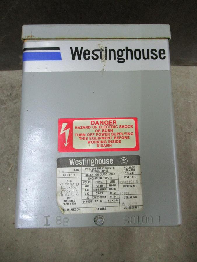 Used 1 KVA WESTINGHOUSE S20N11S01H ENCAPSULATED TRANSFORMER 240 X 480 VAC 240/120