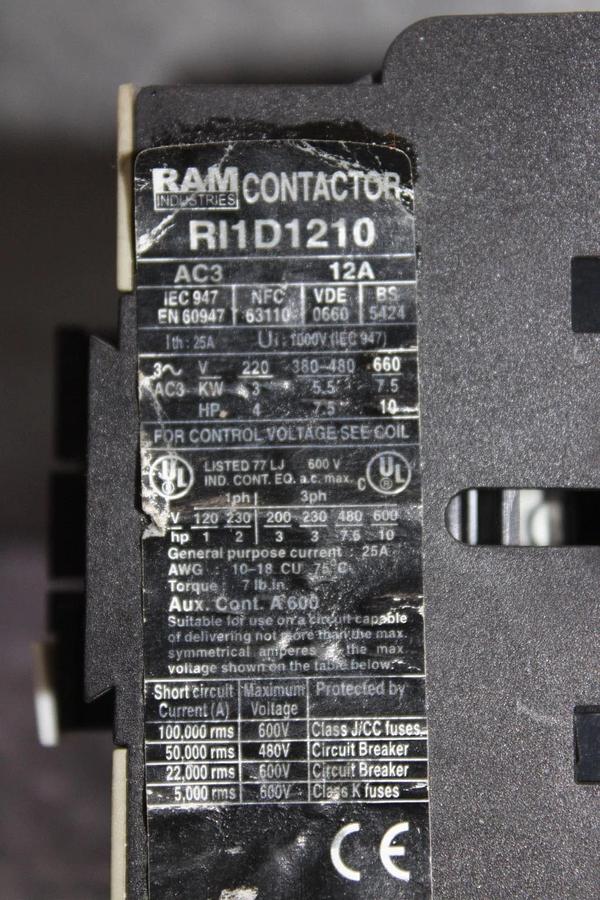 Used RAM INDUSTRIES CONTACTOR RI1D120 25 AMP 600 VAC 3-POLE COIL: 120V