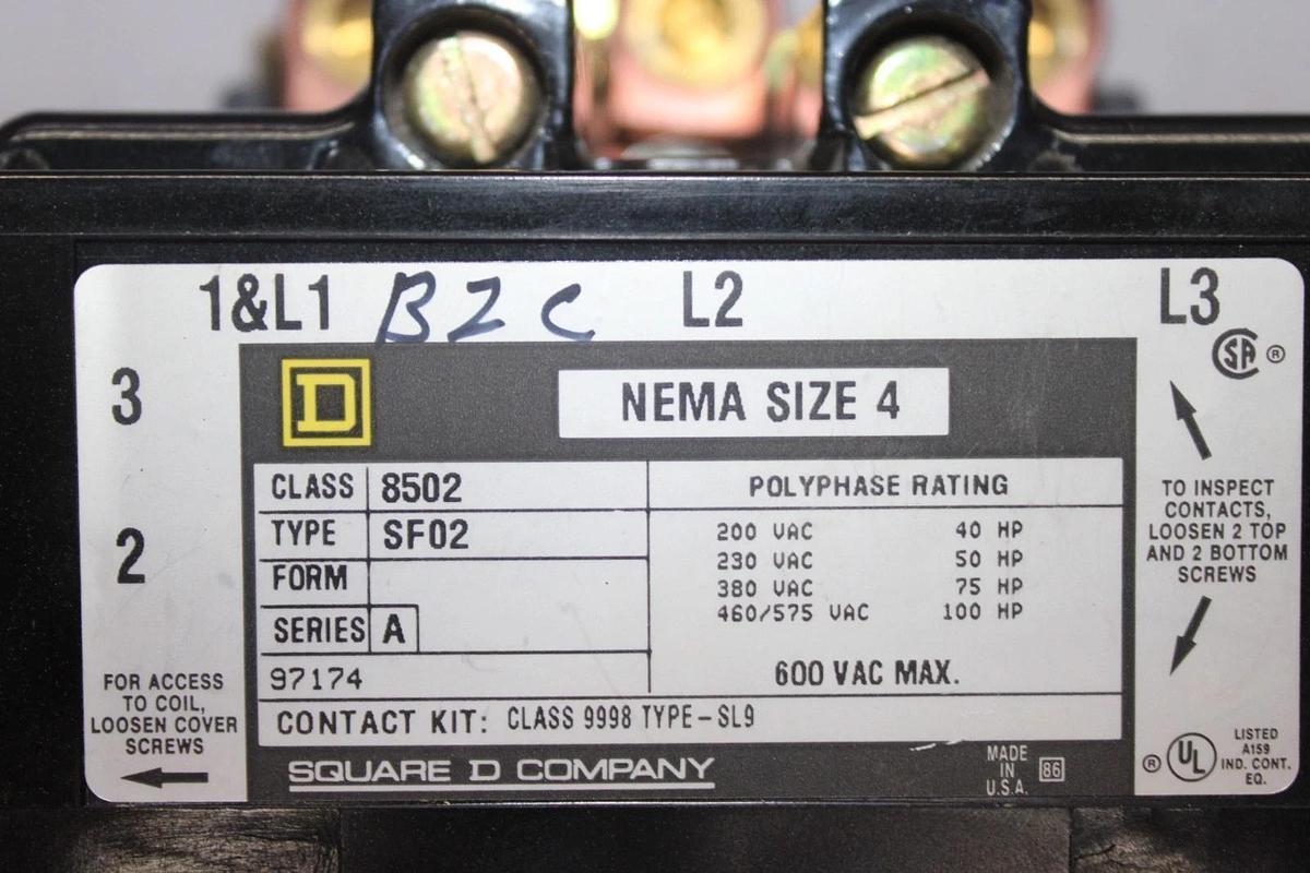 Used SQUARE D NEMA CONTACTOR 8502SF02 NEMA 4 600 VOLT 135 AMP 100 HP COIL: 120 VOLT