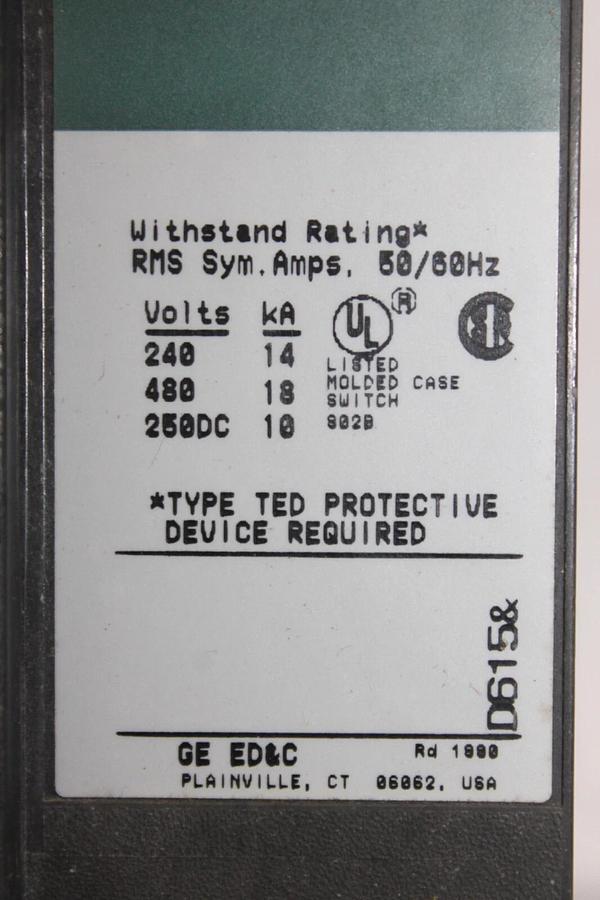 Used GENERAL ELECTRIC MOLDED CASE SWITCH TED134YT150 150 AMP 480 VAC 3-POLE
