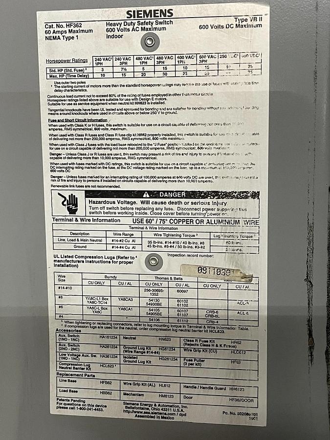 Used SIEMENS HEAVY DUTY SAFETY SWITCH HF362 60 AMP 600 VAC 3-PHASE 50 HP NEMA 1
