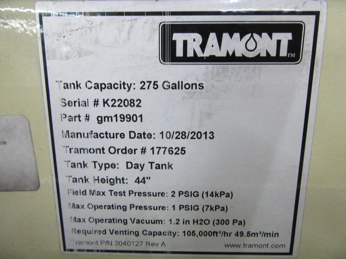 NEW 275 GALLON TRAMONT / KOHLER FLAMMABLE LIQUID FUEL DAY TANK PN: gm19901