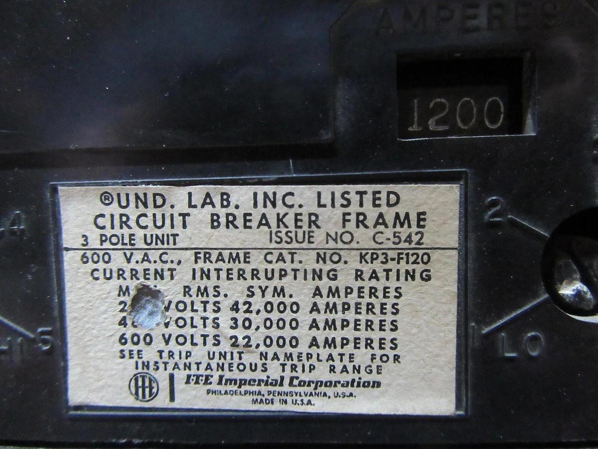 Used ITE CIRCUIT BREAKER KP3-F120 1200 AMP 600 VAC 3-POLE W/ SHUNT TRIP