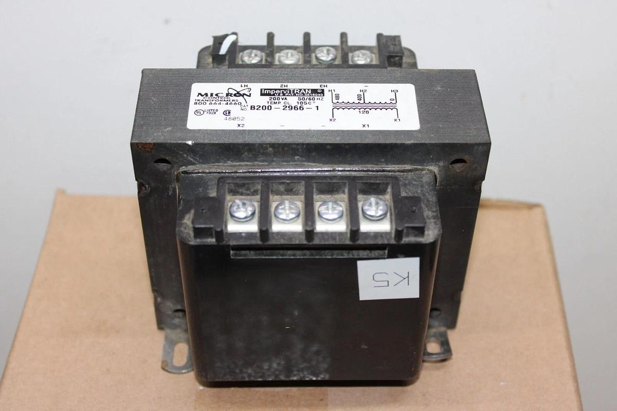 Used MICRON IMPERVITRAN TRANSFORMER B200-2966-1 200 VA HIGH: 480V LOW: 120V
