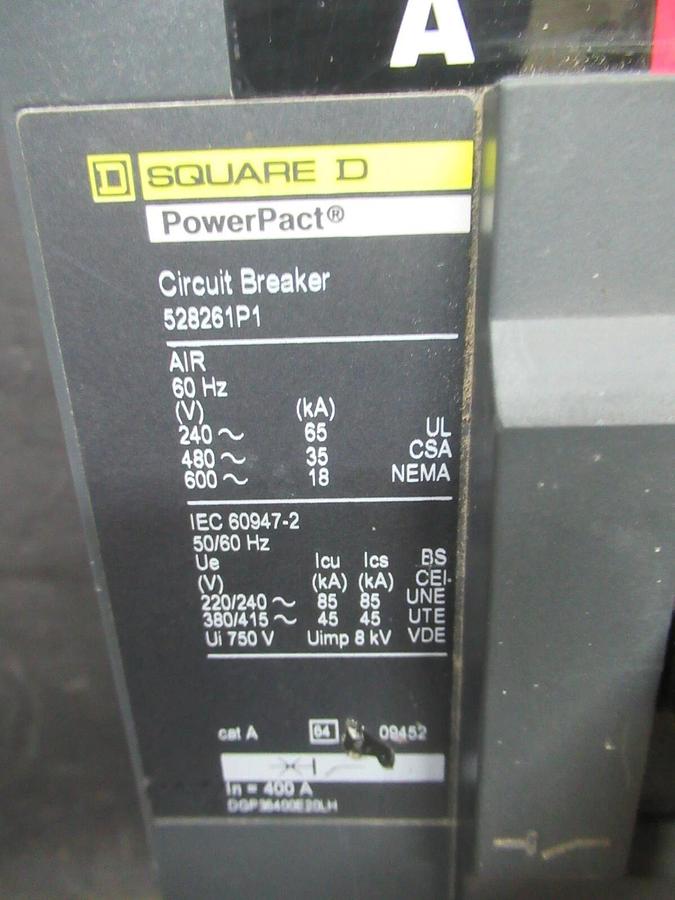 Used SQUARE D POWERPACT BREAKER 528261P1 600 VAC 400 AMP BOTTOM LUGS 3 POLE