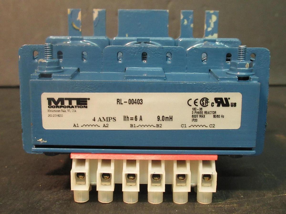 Used MTE CORPORATION 3 PH REACTOR CAT# RL-00403 P/N: 180-36 9.0 mH 6 AMP 600 V MAX