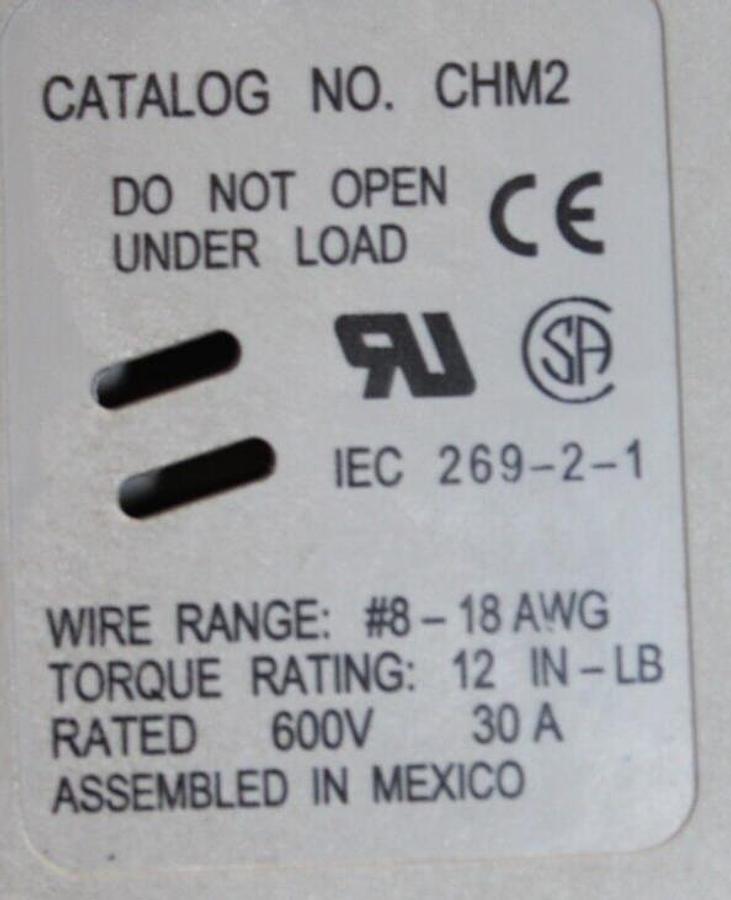 Used BUSS FUSE HOLDER CHM2 600 VOLT 30 AMP 2-POLE **WARRANTY INCLUDED**