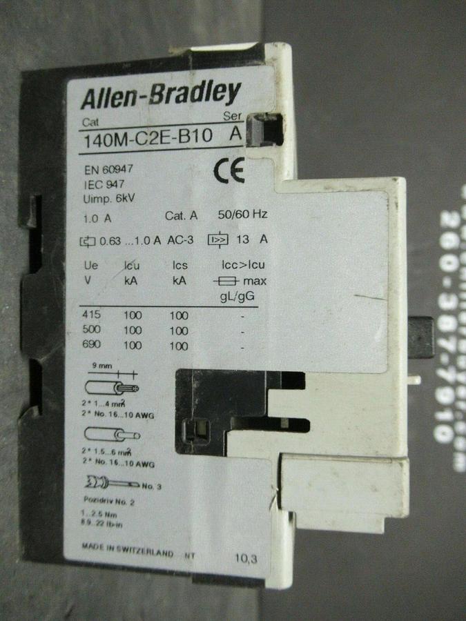 Used ALLEN BRADLEY MANUAL MOTOR START 140M-C2E-B10 SER. A 1 AMP 600 VAC 0.75 HP