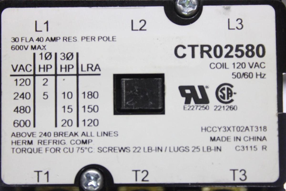 Used TRANE CONTACTOR CTR02580 HCCY3XT02AT318 30 AMP 600 VAC 3-POLE 3-PHASE