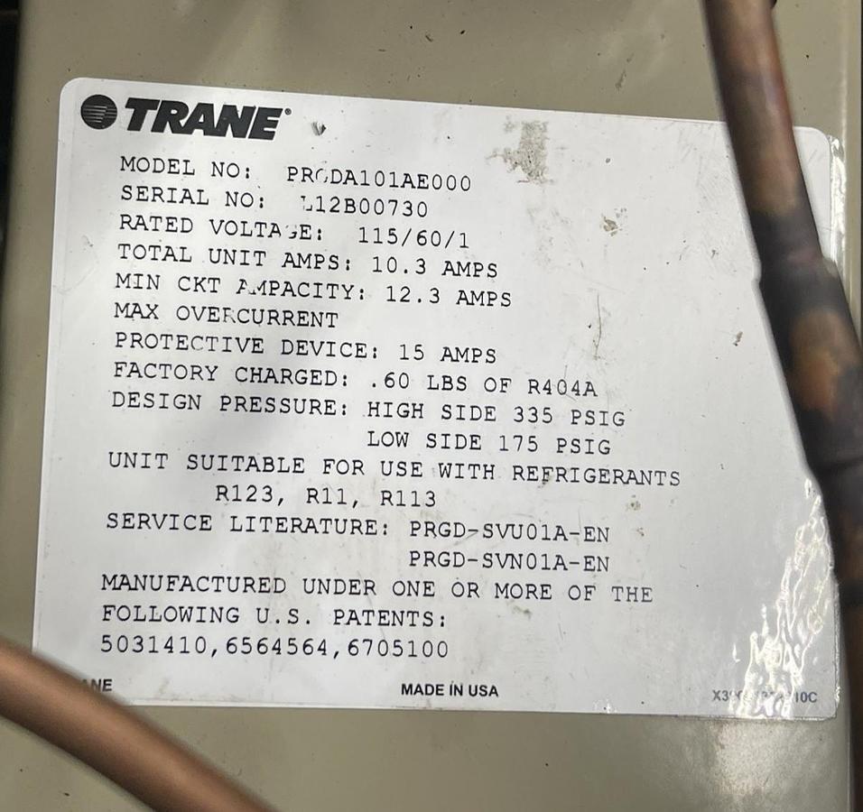Used TRANE CHILLER PURGE PUMP PRGDA101AE000 M4FH-0026-IAA-240 115 VOLT 12.3 AMP