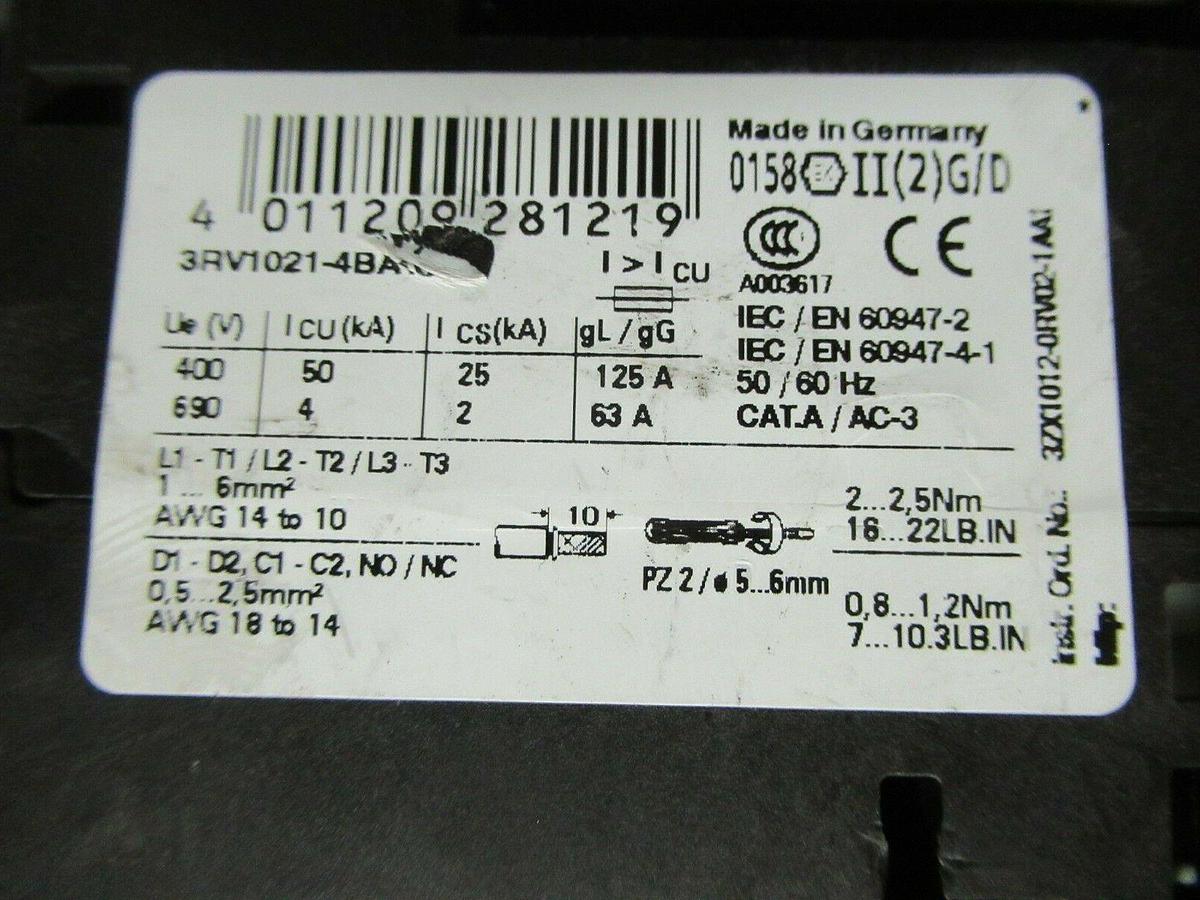 Used SIEMENS MANUAL MOTOR START 3RV1021-4BA10 600 VAC 20 AMP 20 HP