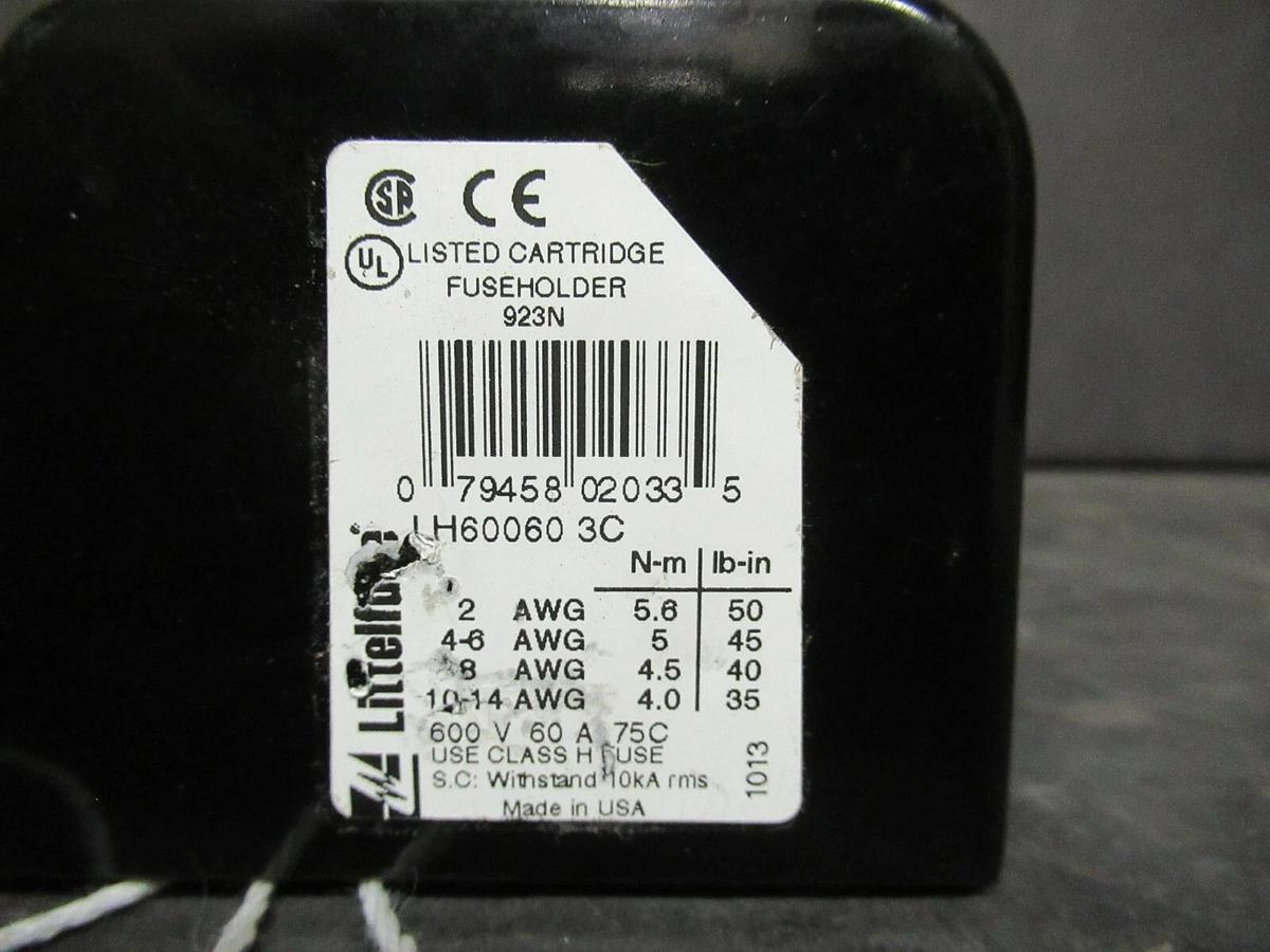 Used LITTELFUSE FUSE HOLDER LH60060-3C FOR 60 AMP 600 V FUSES
