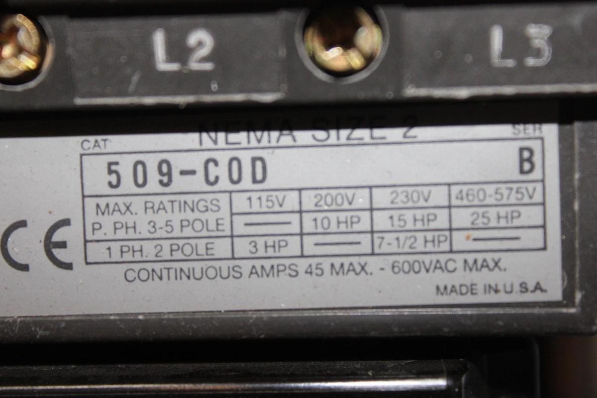 Used SIEMENS NEMA 1 ENCLOSED COMBINATION STARTER W/ SIZE 2 509-C0D & MCS606R SWITCH