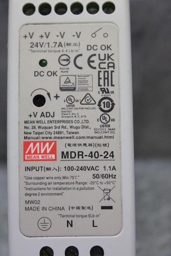 Used MEAN WELL POWER SUPPLY MDR-40-24 INPUT: 100-240 VAC 1.1A OUTPUT: 24 VDC 1.7A