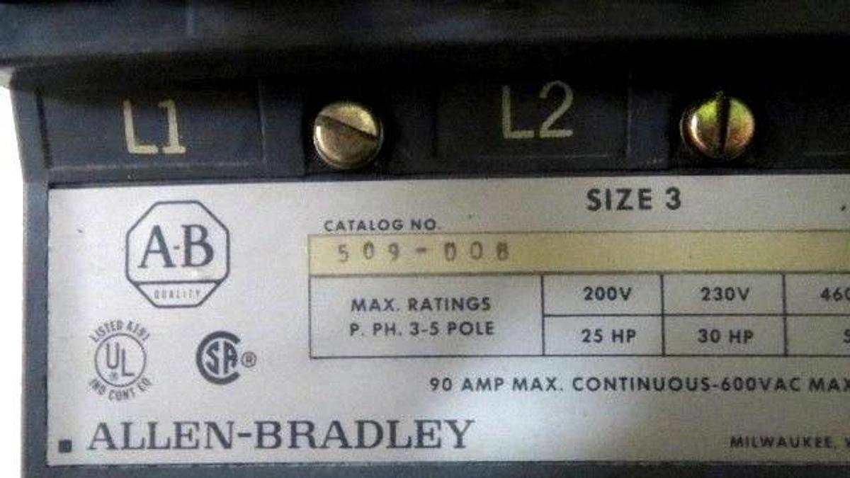 Used ALLEN BRADLEY SIZE 3 STARTER 90 AMP CONTINUOUS 600 VAC 120V COIL MODEL 509-DOB