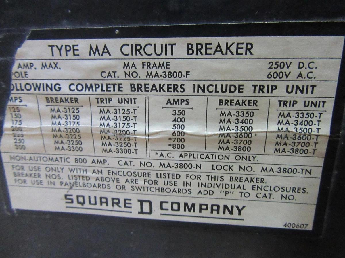 Used SQUARE D CIRCUIT BREAKER MA3800F 800 AMP 3-POLE 600 VAC W/ FACE COVER