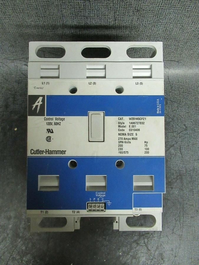 Used 270 AMP NEMA: 5 CUTLER HAMMER CONTACTOR W201K5CFZ1 200 HP 600 VAC 3 PHASE