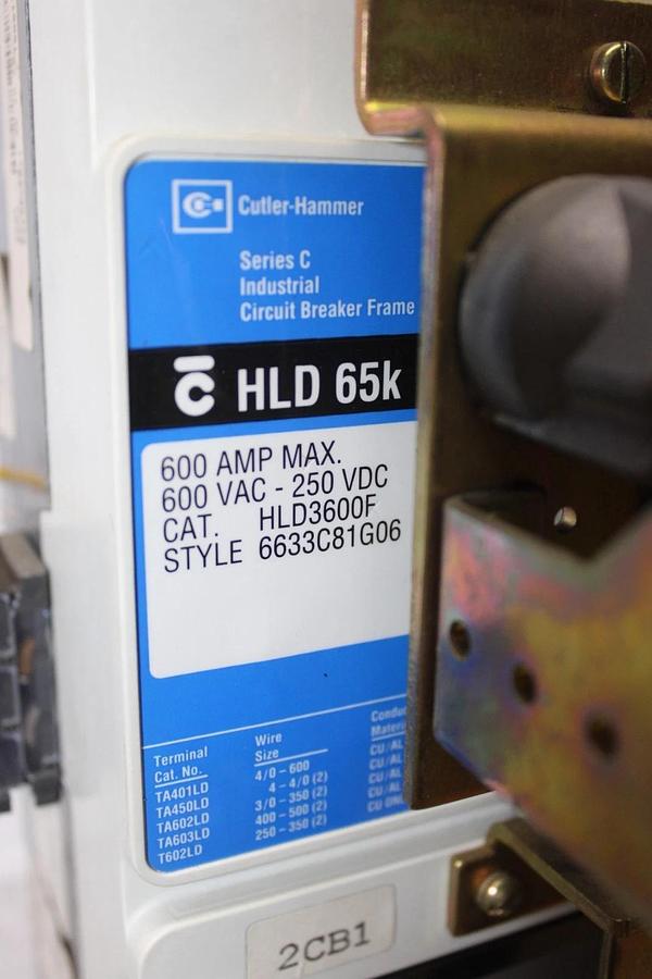 Used CUTLER HAMMER CIRCUIT BREAKER HLD3600F 600 AMP 600 VAC 3-POLE W/ SHUNT TRIP