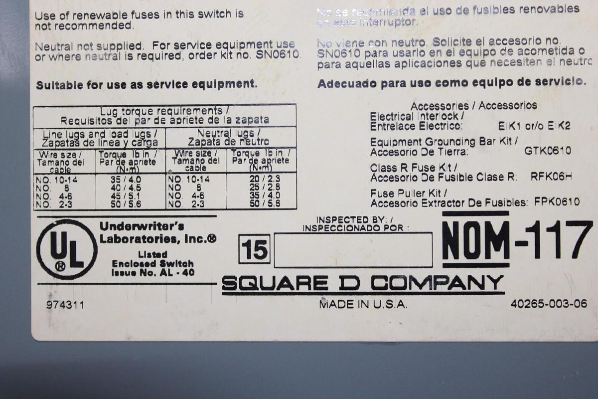 Used SQUARE D HEAVY DUTY SAFETY DISCONNECT SWITCH H362 60 AMP 600 VAC *WARRANTY*