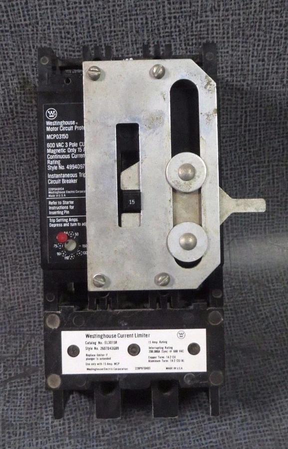 Used WESTINGHOUSE CIRCUIT BREAKER 15 AMP 600 V 3 POLE MCP03150 W/ EL3015R