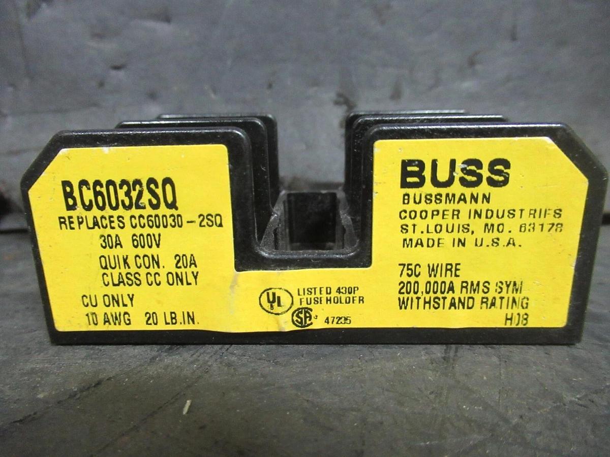 Used BUSSMANN FUSE HOLDER BC6032SQ 3-POLE 600 VAC 30 AMP CLASS CC CC60030-2SQ