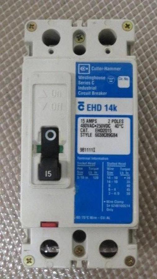 Used WESTINGHOUSE CUTLER HAMMER EHD14K BREAKER 15 AMP 2 POLE 480 VAC MODEL EHD2015