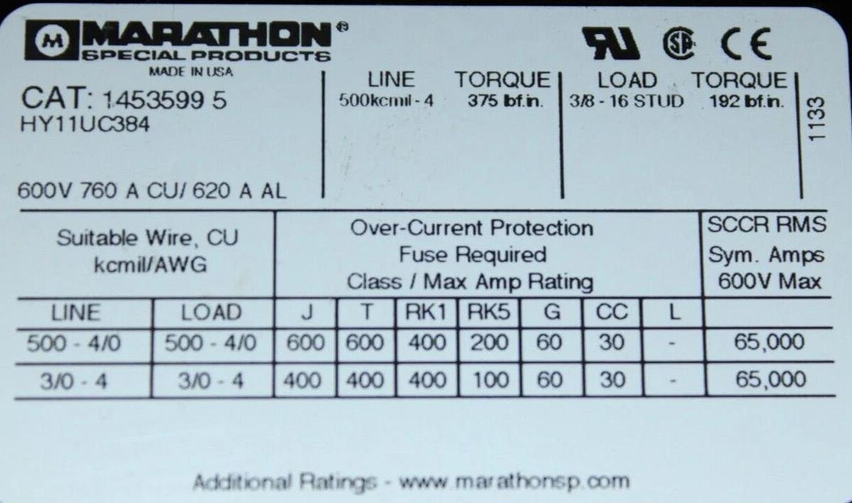 Used MARATHON POWER DISTRIBUTION LUG TERMIAL 1453599-5 600 VAC 760A 3-POLE W/ COVER