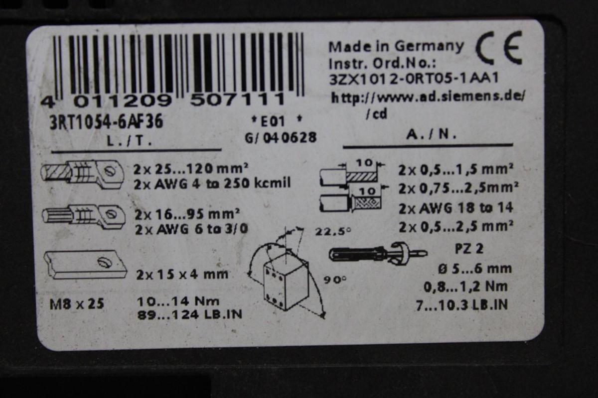 Used SIEMENS SIRIUS CONTACTOR 3RT1054-6...6 600 VAC 140 AMP 125 HP 3-POLE 3-PHASE