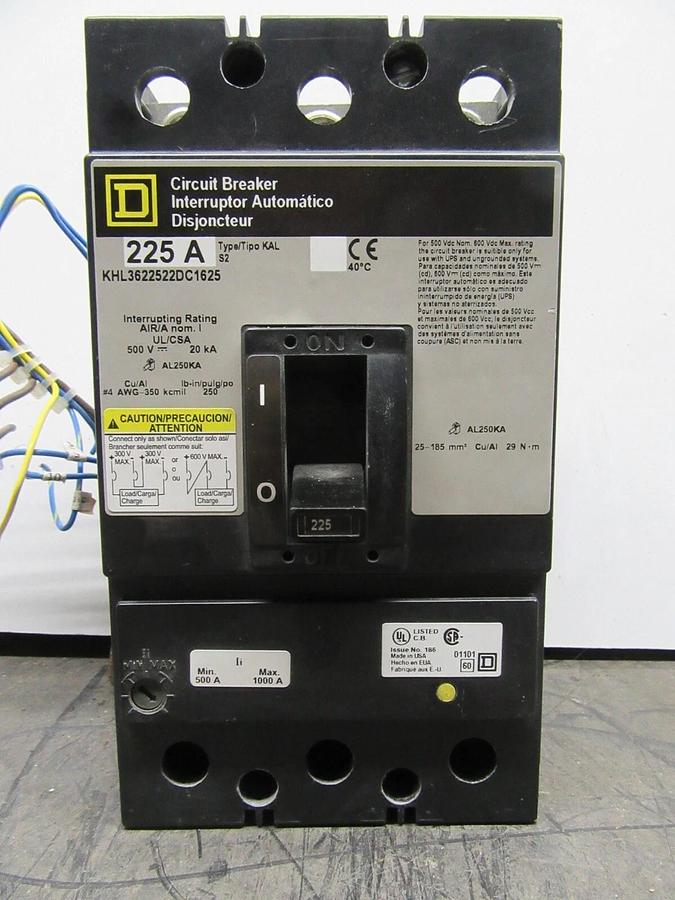 Used SQUARE D DC CIRCUIT BREAKER KHL3622522DC1625 225 AMP 600 VDC 3-POL W/ AUX AND UV