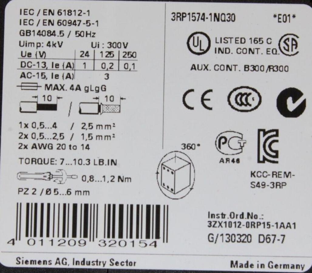 Used SIEMENS SIRIUS TIME DELAY RELAY 3RP1574-1NQ30 1-20 SEC 300 VOLT 3 AMP *WARRANTY*