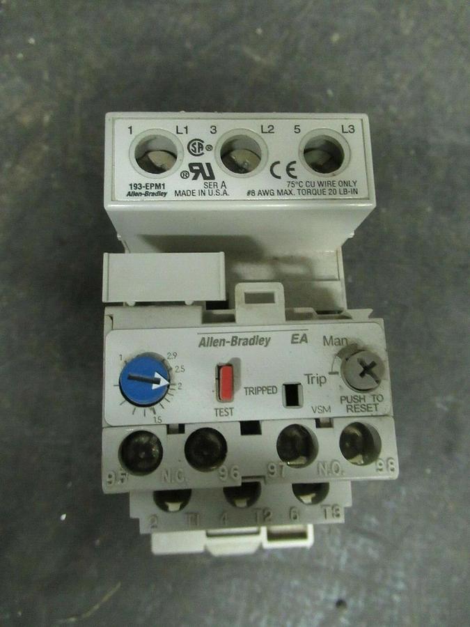 Used 2.9 AMP ALLEN BRADLEY OVERLOAD RELAY 193-EA1DB SER. B 600 VAC 3 POLE