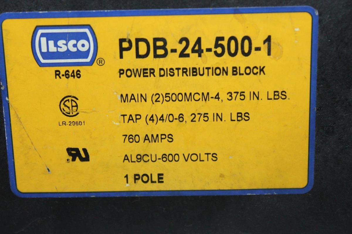 Used ILSCO POWER DISTRIBUTION BLOCK LUG PDB-24-500-1 1-POLE 600 VAC 760 AMP